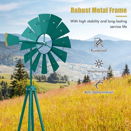 Goplus 8 ft Ornamental Windmill, All-Weather Metal Wind Mill w/ 4 Support Legs, Decorative Weathervane for Backyard, Garden, Farm, 4 Ground Stakes Included (Green) - Image 4
