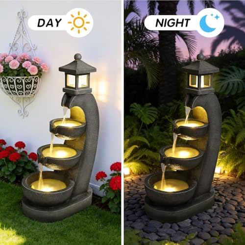 35'' Outdoor Japanese Stone Lantern Water Fountain with LED Lights,Garden Tranquil Pagoda Waterfalls Fountains Bowl for Patio Yard Porch Landscape - Image 4