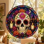 Day of the Dead Stained Glass Window Hanging, Colorful Sugar Skull Suncatcher with Floral, Mexico Gothic Skeleton Decor, Halloween Spooky Window Art, Dia de Los Muertos Home Decoration 11.81" - Image 2