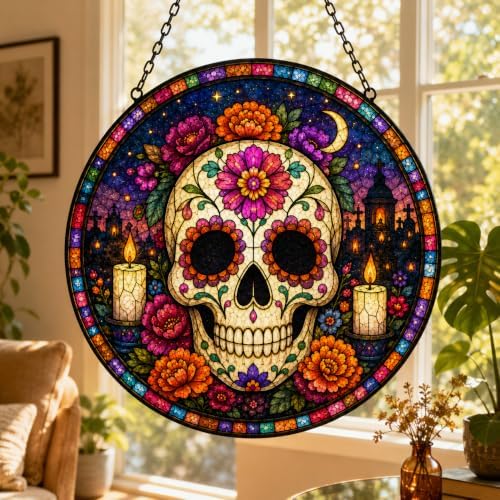 Day of the Dead Stained Glass Window Hanging, Colorful Sugar Skull Suncatcher with Floral, Mexico Gothic Skeleton Decor, Halloween Spooky Window Art, Dia de Los Muertos Home Decoration 11.81" - Image 2