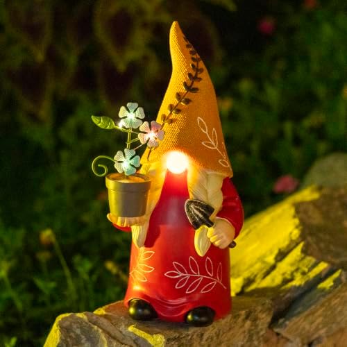 12 Inch Solar Garden Gnome Statue with Planter - Orange Hat Outdoor Gnome Decor with Warm LED, Weatherproof Resin for Yard Patio Lawn - Unique Solar Garden Decor Gifts for Mom Grandma Women by Unknown