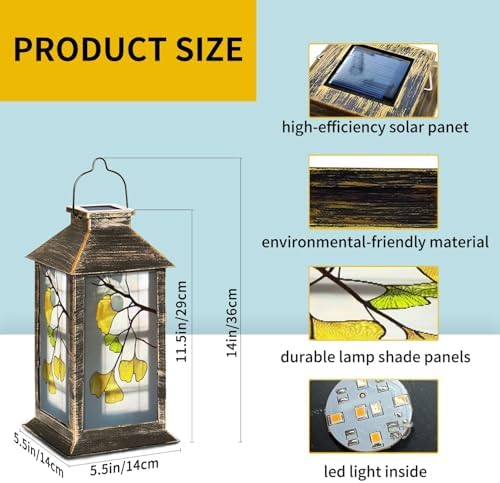 Solar Lantern Ginkgo Leaf Stained Glass Multicolor Leaves Branches Outdoor Waterproof Garden Hanging Lantern Solar Powered Lighting Outside Table Lamp for Patio Deck Camping 1 Pack - Image 6