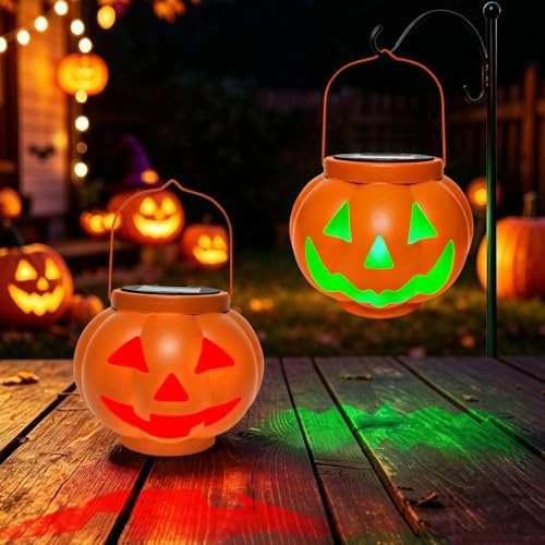 BRIGHTDECK Halloween Pumpkin Solar Lanterns 2 Pack, Jack O Lantern Pumpkin Lights for Halloween Decorations Outdoor, Weatherproof & Portable Fall Yard Decor (2Pack Red＆Green) by BRIGHTDECK
