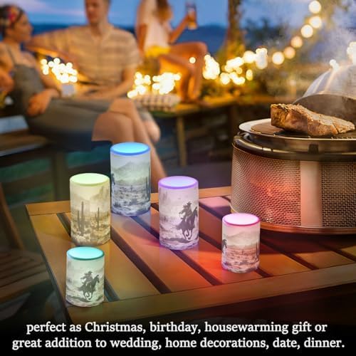 YETTASBIN Western Desert Cowboy Flameless Candles with Remote Control and Timer, Adjustable Brightness Long Lasting Battery Operated LED Pillar Candles for Indoor Outdoor Party Home Decor, 2 Pack - Image 7