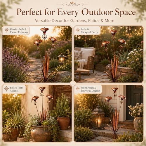 Flamed Copper Three Calla Lilies Garden Stake with Bells, Handmade Metal Flower Rain Chimes Yard Art Decor, Weatherproof Outdoor Sculpture Rain Catcher for Lawn, Patio and Pathway, Unique Gift - Image 6