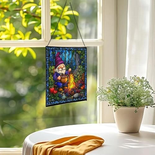 Berry Jam Gnome Stained Glass Suncatcher – Square Hanging Window Panel for Home or Greenhouse – Whimsical Glass Art Gift for Garden Lovers, Christmas, Halloween, Father Days uCi2nS - Image 3