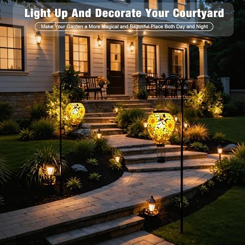 SAVENNA Mosaic Glass Hot Air Balloon Solar Lantern, Flickering Flame Effect Hanging Solar Light, Warm Yellow Sunflower Glow for Garden Patio Yard Outdoor Decor - Image 4