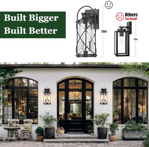 20inch Large Dusk to Dawn Outdoor Wall Lights Fixtures, Waterproof Exterior Lighting Fixtures with Photocell Sensor,Vintage Black Metal Cage Lantern Outside Lights for Porch Patio House Garage（2 Pack） - Image 5