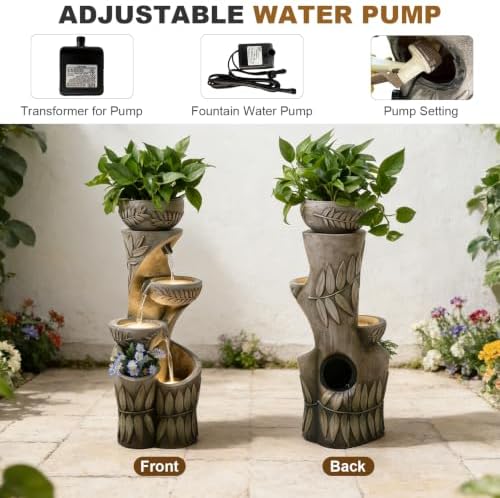 35.5" H Outdoor Water Fountain with Planter & LED Lights, Cascading Waterfall Garden Water Feature, Stone-Look Fountain for Patio Backyard Porch Decor - Image 6