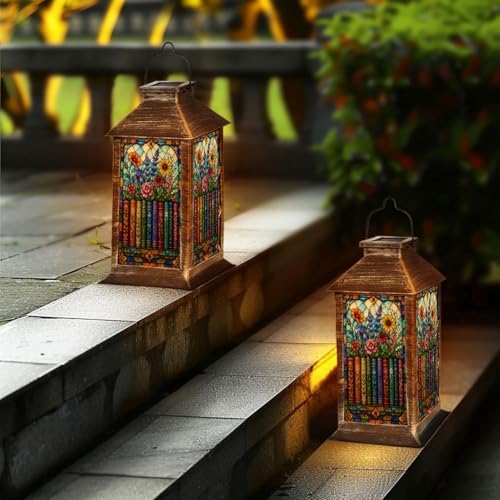 Solar Lantern Colorful Stained Glass Style Bookshelf Flowers Botanical Outdoor Waterproof Hanging Solar Light Outside Lights for Patio Yard House Lawn Decor Birthday Gifts for Women Mom - Image 6