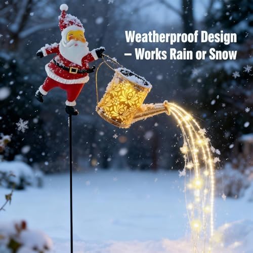 Christmas Santa Solar Kettle Light, 2PCS Waterproof Santa Solar Garden Lights Outdoor, Cute Santas Solars Watering Can Cascading Light LED, Novelty Santas Solars Christmas Decorations Night Lights - Image 2