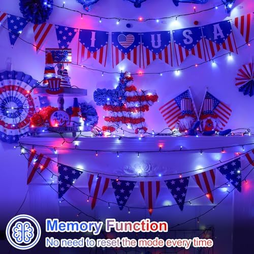 QITONG Red White and Blue Solar String Lights, 2 Pack Each 66ft 200 LED 4th of July Lights Outdoor Waterproof, 8 Modes Green Wire Patriotic Led Lights for Independence Memorial Day Decor - Image 7