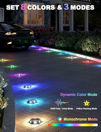 VOLISUN Solar Driveway Dock Deck Markers Marine Lights 8 Pack,9 Colors in 1 Led IP67 Waterproof Outdoor Warning Step Lights for Driveway Sidewalk Walkway Pathway RGB - Image 2