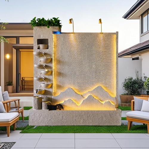 Retro Modern Stone Look Cascading Water Flowing Wall Fountain with LED Lights, 6.89FT Tall Indoor Outdoor Water Feature for Home Garden Entryway(Left)(#A) - Image 4