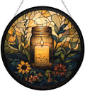 9.84 Inch Boho Memorial Day Mason Jar Candle Stained Glass Window Hanging Suncatcher Glass Panel with Metal Chain Sun Catchers Wall Art Home Decor Gift for Women Mothers Day by Unknown