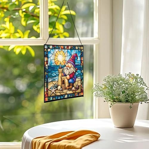 Beach Day Gnome Stained Glass Suncatcher – Square Hanging Window Panel for Home or Greenhouse – Whimsical Glass Art Gift for Garden Lovers, Christmas, Halloween, Father Days 0y3Ubp - Image 3
