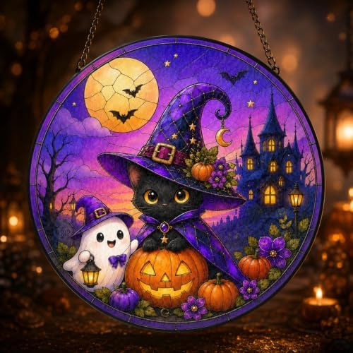 Halloween Window Hanging Suncatcher, Black Witch Cat Pumpkin Stained Glass Art Jack‑O‑Lantern, Spooky Cute Gothic Witchy Home Wall Ornament Fall Sun Catcher for Cat 11.81" by Unknown