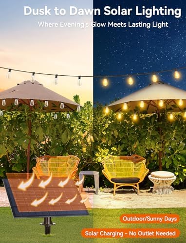 Brightever 150FT Solar String Lights Outdoor Waterproof with Remot, 55+2 Shatterproof ST38 LED Bulbs, Dimmable & 3 Lighting Modes, Warm White Solar Patio Lights for Balcony, Deck, Wedding - Image 6