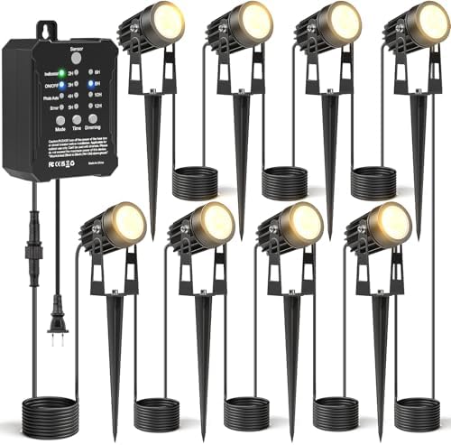 HIBOITEC Low Voltage Landscape Lighting with Transformer Photocell Sensor and Timer Spotlights Kit 68FT ETL Approved Wire Dimmable Waterproof 2700K for House Yard Trees Garden Plants Outdoor 8 Packs by HIBOITEC