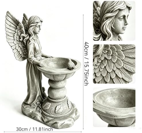 15.35" Angel Bird Bath Sculpture, Resin Garden Statue with Pedestal Bowl - Image 2