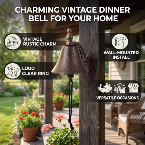 Luocute Cast Iron Outdoor Dinner Bell with Vintage Wall Mount - Image 4