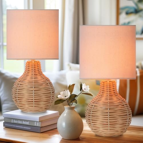 Rattan Table Lamp, Vintage Wicker Wooden Nightstand Lamp Set of 2, Boho Bamboo Woven End Table Lamp for Bedroom Living Room Desk Room by VELXEELighting