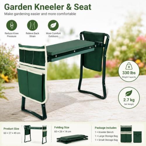 Garden Kneeler Seat, 2-in-1 Folding Garden Bench, 330 LBS Capacity, 2 Tool Pouches - Image 2