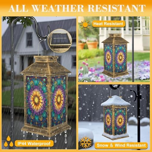 Stained Glass Style Solar Lantern Outdoor Garden Hanging Lantern Sunflower Stained Glass Spring Color Mosaic Design Waterproof Solar Powered Lighting Outside Table Lamp for Patio Deck Yard Camping - Image 3