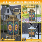 Stained Glass Style Solar Lantern Outdoor Garden Hanging Lantern Sunflower Stained Glass Spring Color Mosaic Design Waterproof Solar Powered Lighting Outside Table Lamp for Patio Deck Yard Camping - Image 3