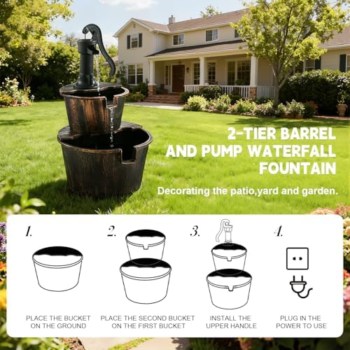 2-Tier Barrel Waterfall Fountain,27-Inch Plastic Outdoor Water Feature with Pump for Garden,Patio and Backyard - Image 2