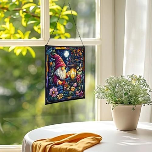 Candlelight Gnome Night Stained Glass Suncatcher – Square Hanging Window Panel for Home or Greenhouse – Whimsical Glass Art Gift for Garden Lovers, Christmas, Halloween, Father Days 69ifQy - Image 3