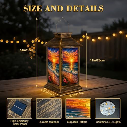 Solar Lantern Outdoor Waterproof Stained Glass Sunset Ocean Waves Sandy Shoreline Garden Decor LED Hanging Solar Lights Tabletop Lamp Gifts for Women Mom Outside Yard Patio Porch - Image 2