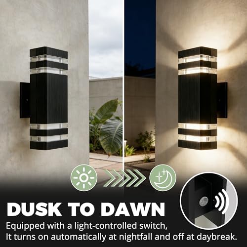 JYV Dusk to Dawn Outdoor Wall Lights,Up and Down Square Porch Lights,Black - Image 2