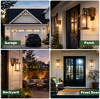 OKELI Dusk to Dawn Outdoor Wall Lights with GFCI Outlet, Waterproof Rustic Farmhouse Wall Lanterns with Clear Glass Shades, Anti-Rust Outside Fixture Lights for Garage Patio Porch, Wood Grain, 2 Pack - Image 6