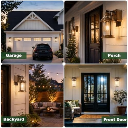 OKELI Dusk to Dawn Outdoor Wall Lights with GFCI Outlet, Waterproof Rustic Farmhouse Wall Lanterns with Clear Glass Shades, Anti-Rust Outside Fixture Lights for Garage Patio Porch, Wood Grain, 2 Pack - Image 6