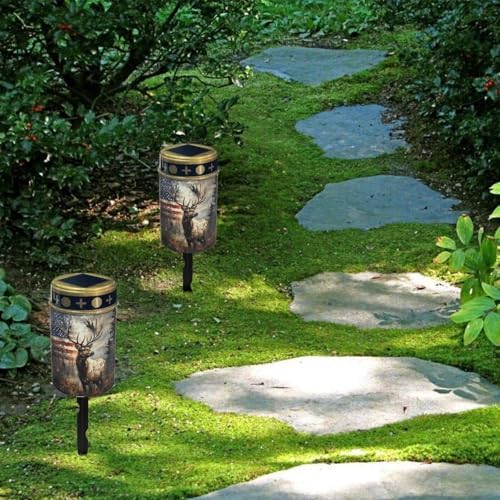 Poceacles Deer American Flag Forest Outdoor Lights Solar Powered Flameless Candle Cemetery Votive Candles Waterproof Outdoor Memorial Candle Solar Stake Lights Home Outdoor Decoration, 2 PCS - Image 4