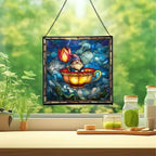 Gnome in Tulip Teacup Stained Glass Suncatcher – Square Hanging Window Panel for Home or Greenhouse – Whimsical Glass Art Gift for Garden Lovers, Christmas, Halloween, Father Days dXYmAm - Image 2