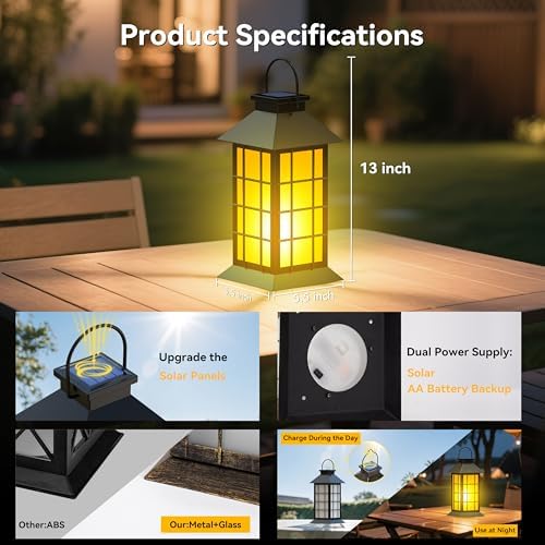 2 Pack 13" Black Solar Lantern with Flickering Flame Candle | Outdoor Waterproof Hanging Solar Lanterns, Metal & Glass Lights for Garden Decoration, Rustic Gifts for Mom - Image 4
