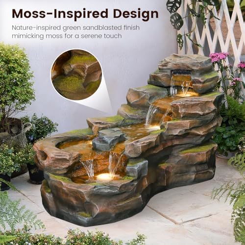 Sunlinua Water Fountain Outdoor Floor Standing 5-Tiers Rock Natural Waterfall Outdoor Garden Fountains with LED Lights for Patio, Porch, Home Art Decor - Image 4