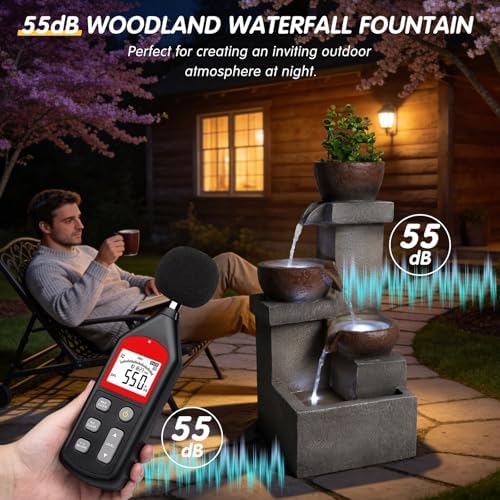 Outdoor Tiered Cascading Jar Water Fountain with LED Lights, Resin Garden Patio Decor with Planter, Rustic Stone Look Multi-Tier Waterfall for Backyard, Porch, Entryway - Image 3