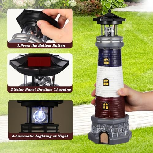 DOITOOL Solar Rotating Lighthouse Outdoor Lantern Garden Decor Resin Street Light - Black - Image 2