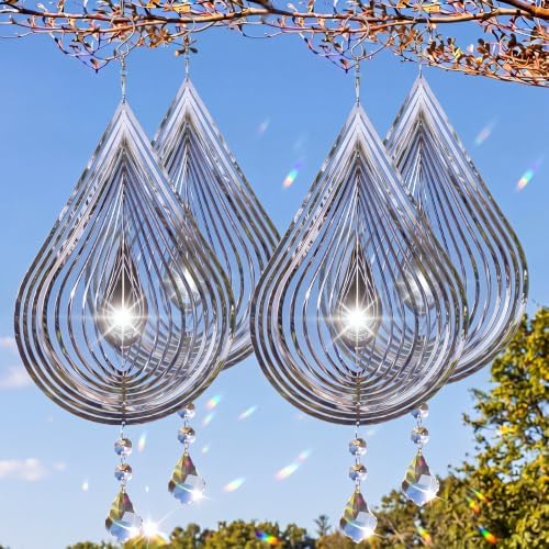 4 PCS 19" 3D Hanging Wind Spinners Water Droplets Stainless Steel Double Sided Hanging Decor for Outdoor and Gardens, Bird Devices Deterrent to Scare Birds Away from Yard Patio Farm by Unknown