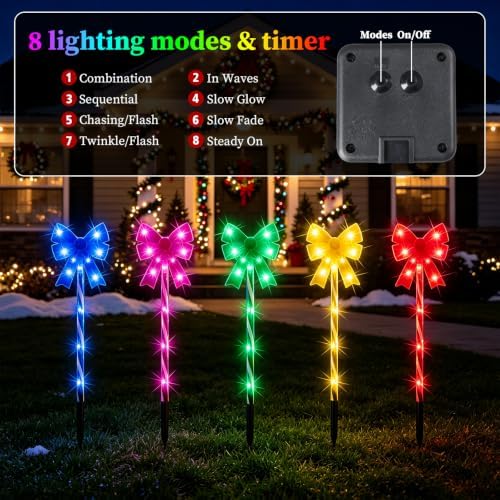 Solar 5PCS Christmas Bow 50LED Outdoor String Lights with Stakes Multicolor - Image 4
