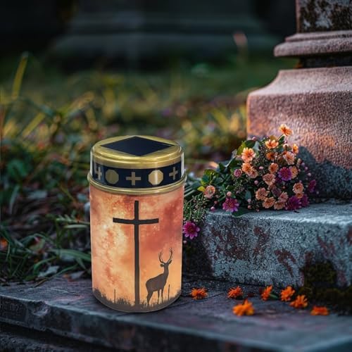 Poceacles 4 Pieces Solar Powered Cross Lights - Flameless Cemetery Votive Candles, Waterproof Memorial Stake Lights for Outdoor Home Decoration, Deer Cross Galaxy Orange - Image 3