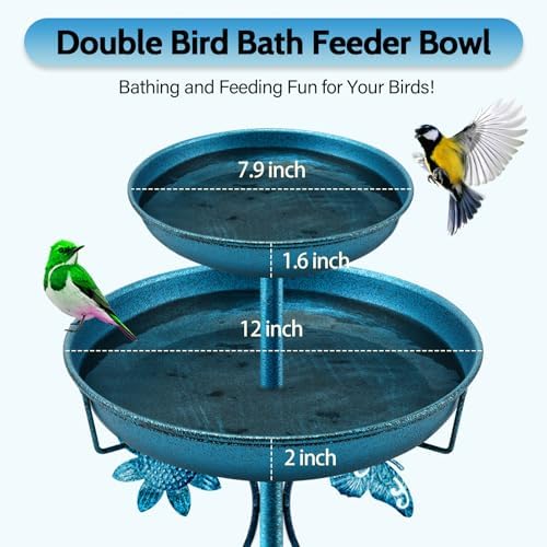 Daoeny Bird Bath for Outside, 42In Vintage Freestanding Birdbaths for Outdoors, Double Metal Bird Bath Feeder Bowls for Garden Patio Yard Lawn Decor, Upgraded 5-Pronged Base (Blue) - Image 2