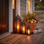 VELA LANTERNS Set of 3 Amber/Orange Glass & Black Metal Moroccan Candle Lantern Holders (XL, Large, Small) - Decorative Indoor/Outdoor Decor for Patio, Floor, Weddings & Ramadan - Image 2