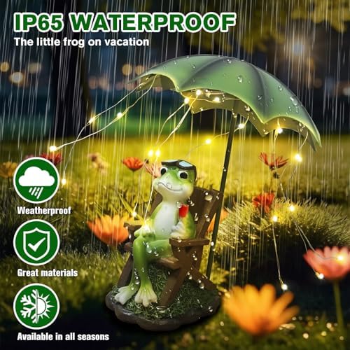 Solar Red Wine Frog Statue Umbrella LED Lantern Waterproof Yard Decor - Image 4