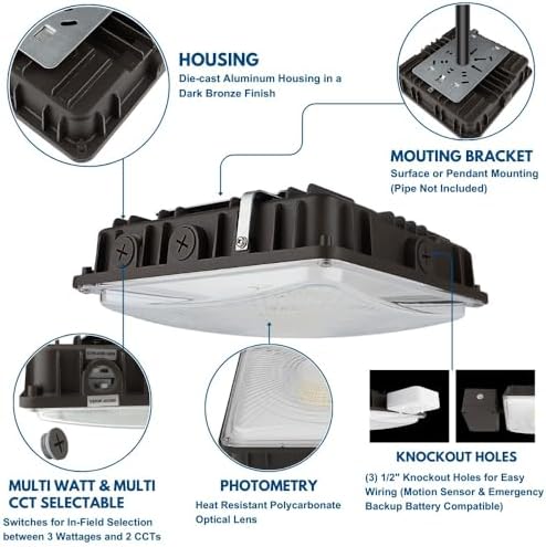 Konlite 63W/45W/30W LED Canopy Light - Selectable - 5000K/4000K - 9,360LM - Dimmable - 120-277V - 250W Equal, Residential & Commercial Indoor & Outdoor Light Fixture, UL, Dark Bronze - Image 2