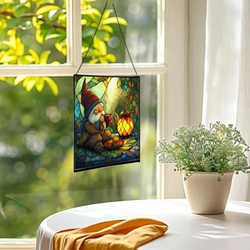 Gnome Tea Time Stained Glass Suncatcher – Square Hanging Window Panel for Home or Greenhouse – Whimsical Glass Art Gift for Garden Lovers, Christmas, Halloween, Father Days F4WpeI - Image 3