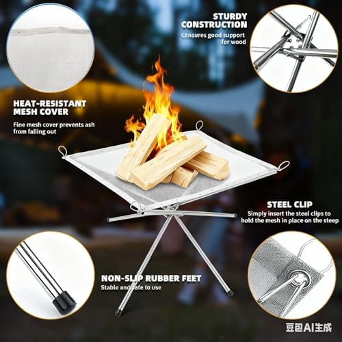 Portable Fire Pit for Camping,22 inch Outdoor Folding Fireplace with Heat Resistant Firepit Mat & Carrying Bag,Upgrade 304 Stainless Steel Mesh BBQ Fire Bowl for Picnics,Campfire,Backyard,Garden - Image 2
